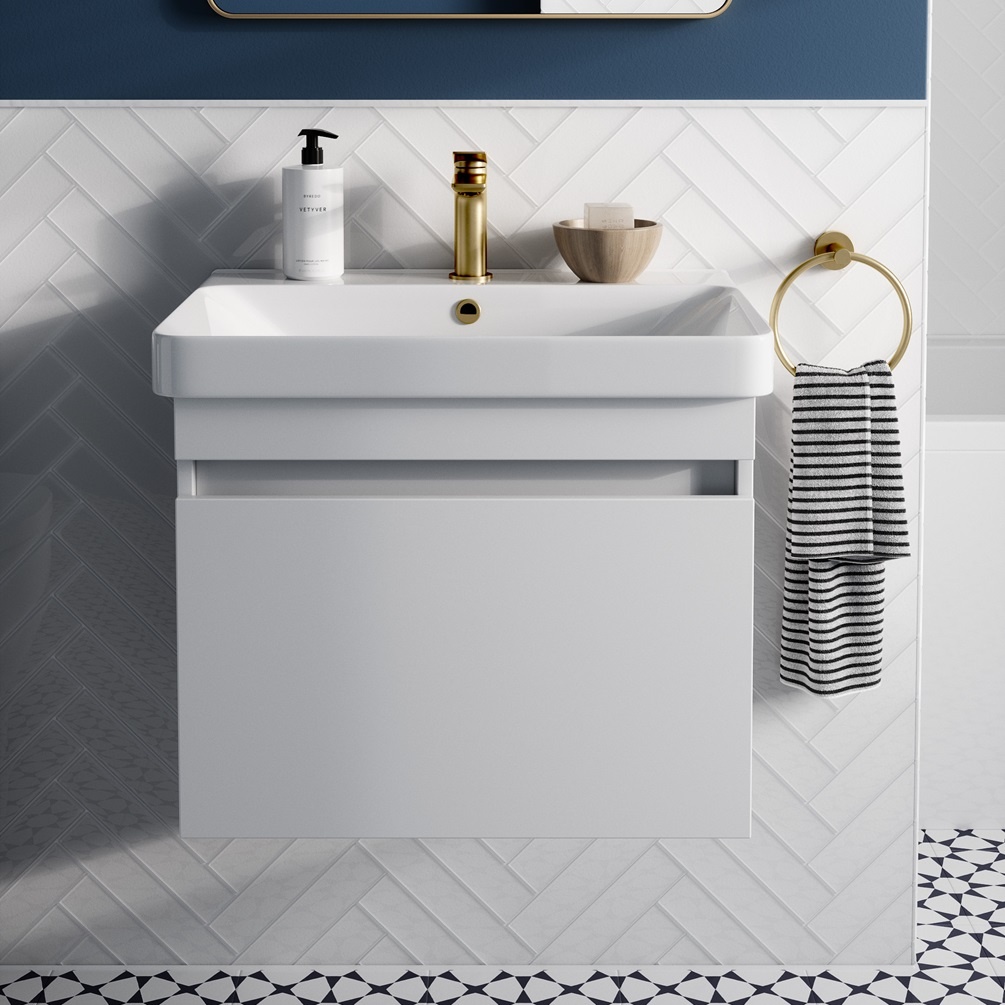Product lifestyle image of Britton Dalston 600mm Matt White Vanity Unit and Basin front view close up DAL60W DAL.060